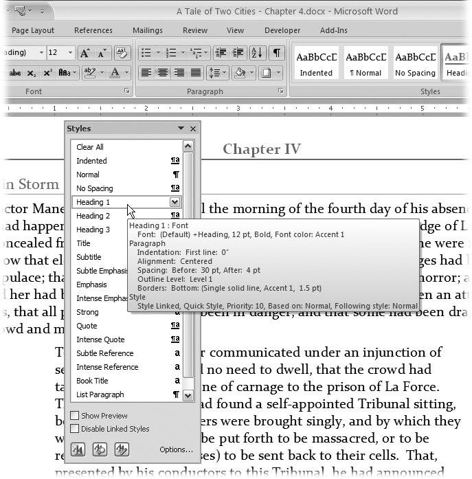 Open the Style dialog box to see a complete list of all available styles. On the right side, a paragraph mark shows that a style includes paragraph formatting. The lowercase âaâ shows that the style includes character formatting. Click the down arrow button to open a menu where you can modify the style definition.