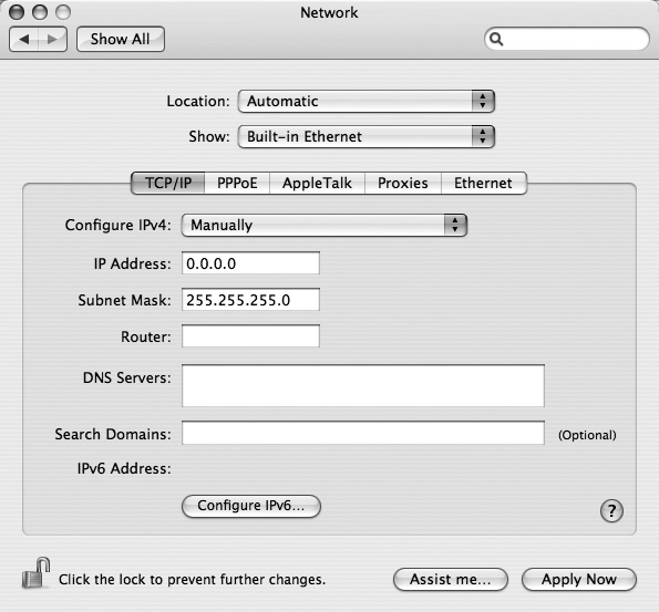 Some broadband modems and ISPs require that you type specific settings into the Mac’s Network configuration box in order to get online with your new broadband service. To get to this box, choose → System Preferences → Network. In the Show menu, select either Built-in Ethernet (for a wired connection to your modem) or AirPort (for a wireless connection). If your ISP’s this persnickety about the settings you use, odds are you need to select Manually from the Configure menu and then type in the numbers and other information they gave you when you signed up—or that their tech team gave you when you called to complain that you couldn’t get online.
