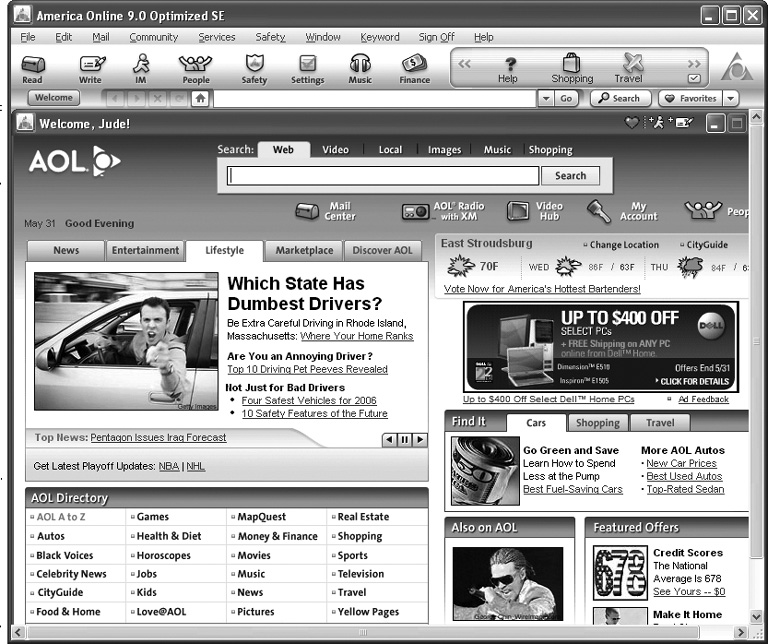 When you log on to AOL, you land on its Welcome screen. On this page, you can quickly see the top news stories of the day, the current weather conditions, and a link to the latest sports scores. This onscreen dashboard also gives you icons to click your way into other corners of the service—like your AOL mailbox or the company’s online music and video offerings. As you can see, your eyeballs also get pelted with a few advertisements here and there for good measure.