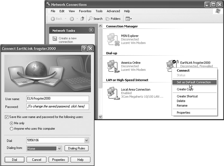 Right: This particularly well-endowed individual has four different ways to get to the Internet. The New Connection Wizard created two of them—the ones represented by the MSN Explorer and EarthLink icons. One of the many ways to go online is to double-click either of these icons.Left: Double-clicking one of these icons produces this dialog box, where you can click Dial to go online. (Turning on “Save password” eliminates the need to type your password each time—in general, a great idea.)