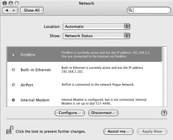 Mac OS X’s Network Status screen shows you how each of your network connections are doing at the moment (the status messages actually change as circumstances change). To adjust the network settings for a connection, double-click its “row.”