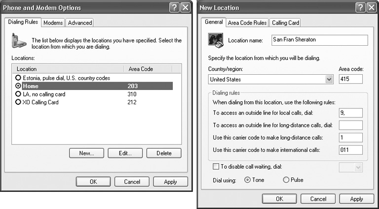 Left: This dialog box has two priorities: To establish rules for dialing out, and to define as many different sets of rules for dialing as you need. If you’re setting up dialing properties for a desktop computer, you won’t need to change these settings after the first successful call.Right: Setting up a new dialing rule.