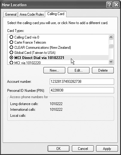 Windows XP already knows about the dialing requirements for most major calling cards. When you choose one from the Card Types list box at top, Windows XP automatically fills in the fields at the bottom with the correct information. On the remote chance you can’t find your own card, just type in the necessary dialing codes manually.