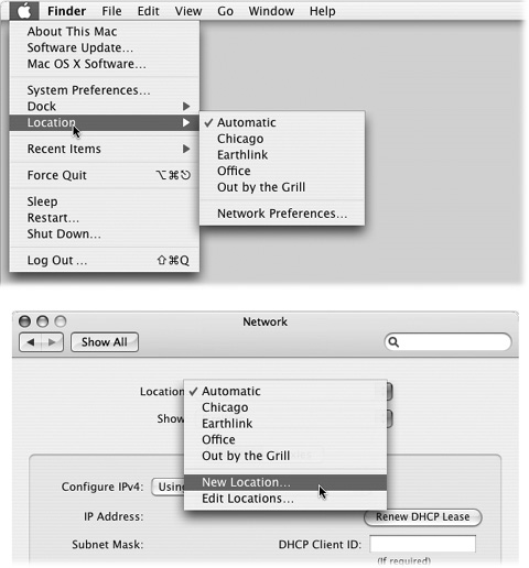 The Location feature lets you switch from one “location” to another just by choosing its name—either from the menu (top) or from this popup menu in System Preferences (bottom). The Automatic location just means “the standard, default one you originally set up.” (Don’t be fooled: Despite its name, Automatic isn’t the only location that offers multihoming, which is described later in this chapter.)