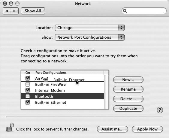 The key to multihoming is sliding the network connection methods’ names up or down (and turning off the ones you don’t intend to use in this location). You can also rename the different configurations by double-clicking them.
