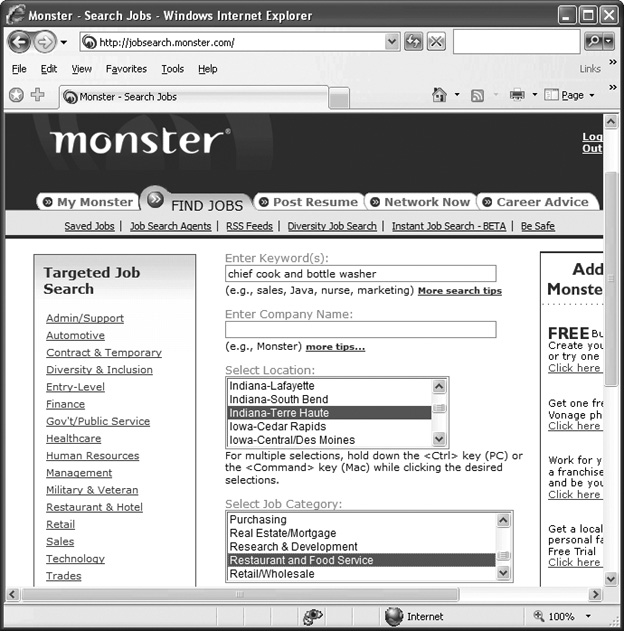 Monster’s job-search page lets you look for work in your desired city and field. In addition to its huge database of jobs, the site has career advice and other features to help you with your job search.