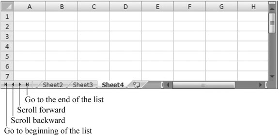 Using the scroll buttons, you can move between worksheets one at a time or jump straight to the first or last tab. These scroll buttons control only which tabs you seeâyou still need to click the appropriate tab to move to the worksheet you want to work on.