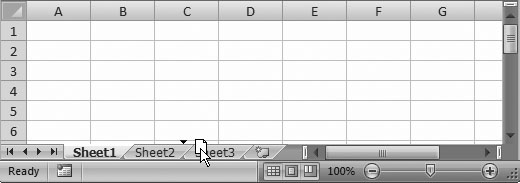 When you drag a worksheet tab, a tiny page appears beneath the arrow cursor. As you move the cursor around, youâll see a black triangle appear, indicating where the worksheet will land when you release the mouse button.