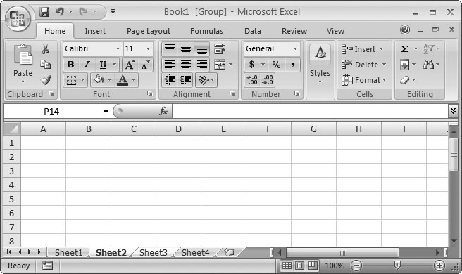 In this example, Sheet2 and Sheet3 are grouped. When worksheets are grouped, their tab colors change from gray to white. Also, in workbooks with groups, the title bar of the Excel window includes the word [Group] at the end of the file name.