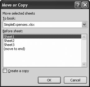 Here, the selected worksheet is about to be moved into the SimpleExpenses.xlsx workbook. (The source workbook isnât shown.) The SimpleExpenses workbook already contains three worksheets (named Sheet1, Sheet2, and Sheet3). Excel inserts the new worksheet just before the first sheet. Because the âCreate a copyâ checkbox isnât turned on, Excel removes the worksheet from the source workbook when it completes the transfer.