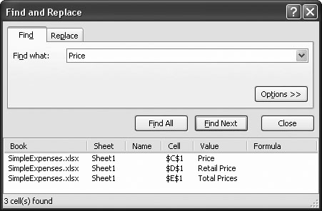 In the example shown here, the search for âPriceâ matched three cells in the worksheet. The list shows you the complete text in the matching cell and the cell reference (for example, $C$1, which is a reference to cell C1).