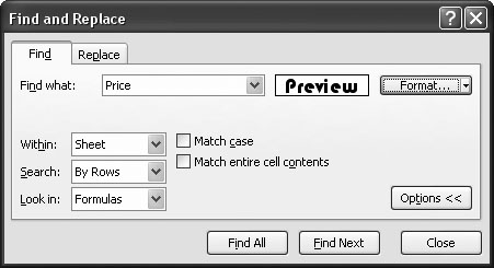 The Find Format dialog box shows a basic preview of your formatting choices. In this example, the search will find cells containing the word âpriceâ that also use white lettering, a black background, and the Bauhaus font.
