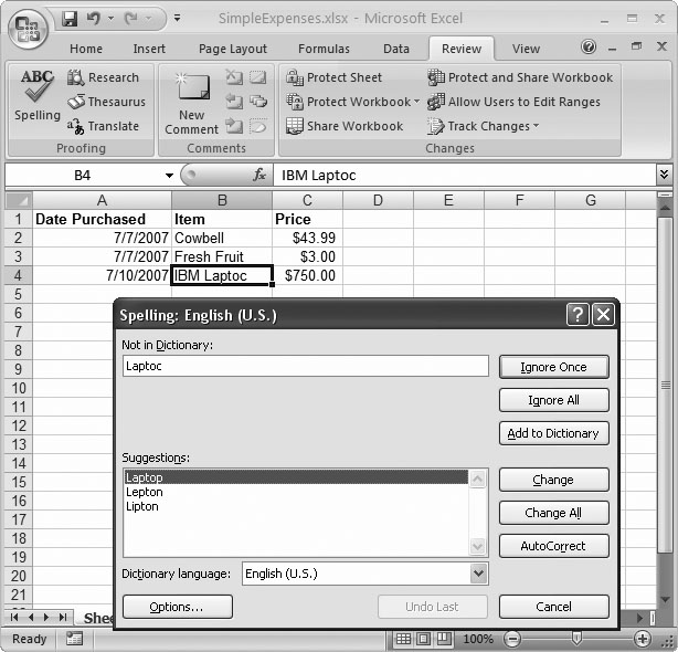 When Excel encounters a word it thinks is misspelled, it displays the Spelling window. The cell containing the wordâbut not the actual word itselfâgets highlighted with a black border. Excel doesnât let you edit your file while the Spelling window is active. You either have to click one of the options on the Spelling window or cancel the spell check.