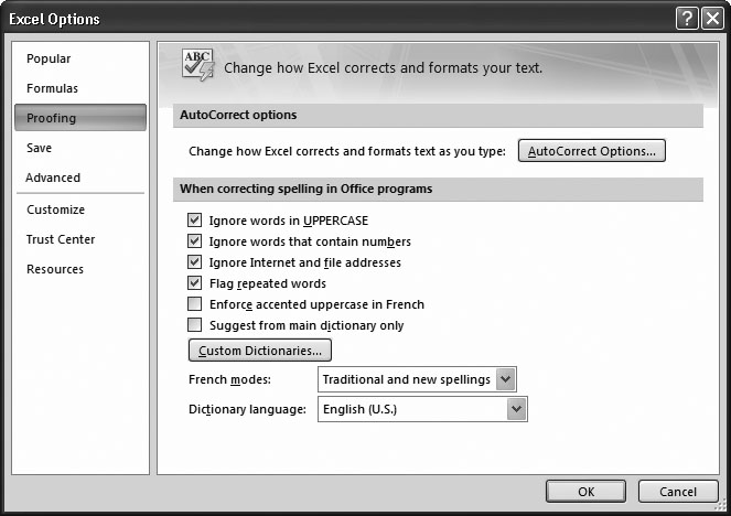 The spell checker options allow you to specify the language and a few other miscellaneous settings. This figure shows the standard settings that Excel uses when you first install it.