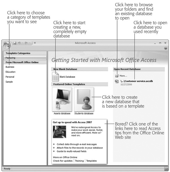 The Getting, Started page is a bit of a cross between a Windows program and a Web page. Use the links on the left to browse through different categories of templates (ready-to-go databases that you can download and fill with your own information). Or check out the links on the bottom, which show you the latest Access news and tips.