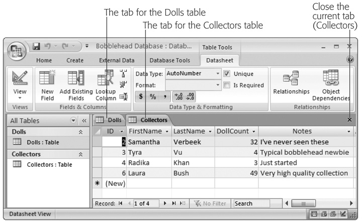 Using the navigation pane, you can open as many tables at once as you want. Access gives each datasheet a separate tabbed window. To move from one window to another, you just click the corresponding tab. If youâre feeling a bit crowded, just click the X at the far right of the tab strip to close the current datasheet.