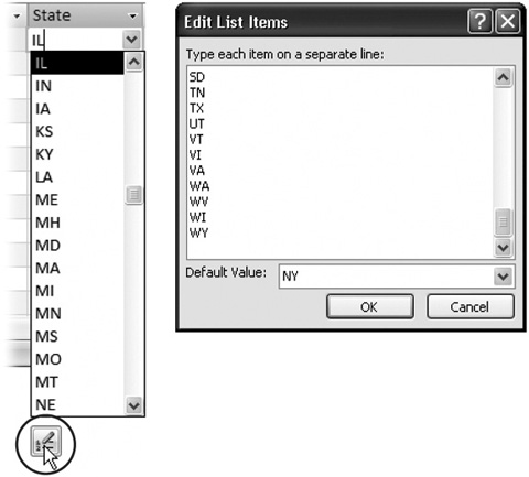 If you set Value List Edits to Yes, an icon appears under the lookup list when you use it (left). Click this icon to open an Edit List Items dialog box (right) where you can edit the items in the lookup list and change the default value.