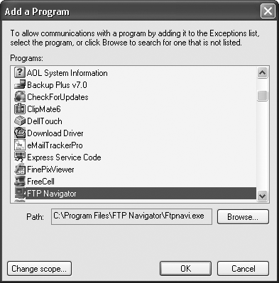 Choosing a program to add to your exceptions list