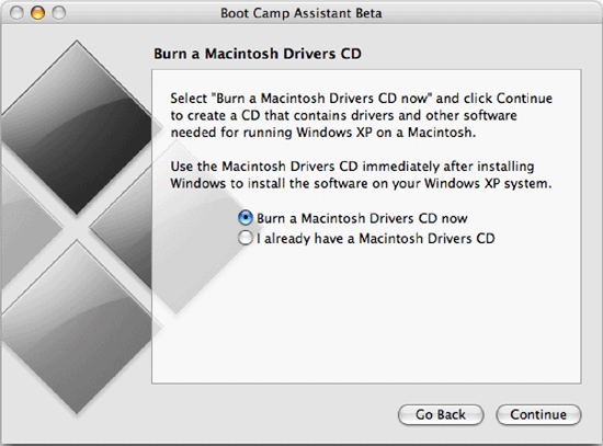 Read and heed Apple's warning. Since the Boot Camp Beta is preview software, things can go wrong. This is (sort of) your last chance to back out if you get cold feet.