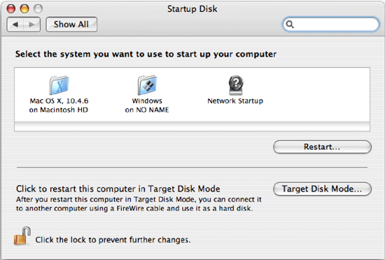 Mac OS X Tiger's Startup Disk preference panel.