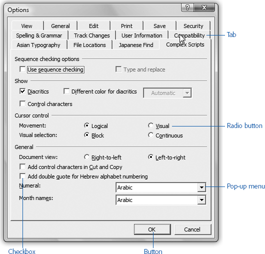 You’ll find certain components recurring throughout Windows. Checkboxes, for example, let you turn on as many features as you want. Radio buttons are different; like the radio preset buttons on a car, only one can be selected at a time.