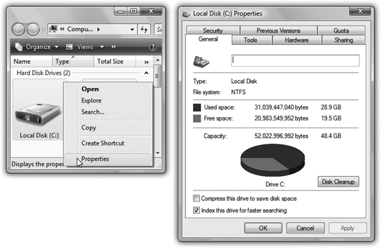 One quick way to find out how much space is left on your hard drive is to right-click the corresponding icon, and then choose the Properties command (left). The Properties dialog box appears (right), featuring a handy disk-space graph.