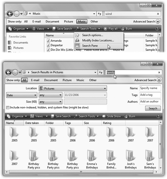You can gain much more control over the search process using the Search pane. Top: One way to make it appear is to choose “Search pane” from the Search Tools menu, which appears after you perform a regular Explorer-window search.Bottom: At that point, you can click Advanced to open a much more powerful, expanded version of the Search strip.
