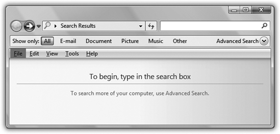 Like the Start menu Search box, the Search window searches your entire PC. But like Explorer searches, file-type filters (and, if you like, the Advanced Search pane) are available at the top. The results list works just like an Explorer-window search.