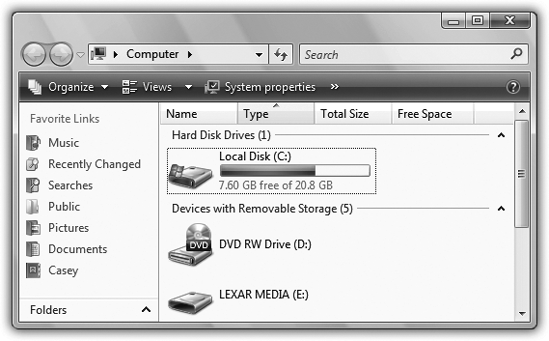 The Computer window is the starting point for any and all folder-digging. It shows the “top-level” folders: the disk drives of your PC. If you double-click the icon of a removable-disk drive (such as your CD or DVD drive), you receive only a “Please insert a disk” message, unless there’s actually a disk in the drive.