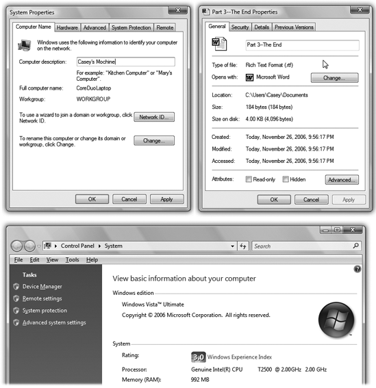 The Properties dialog boxes are different for every kind of icon. In the months and years to come, you may find many occasions when adjusting the behavior of some icon has big benefits in simplicity and productivity.Top left: The old System Properties dialog box, which opens when you click some of the links on the left side of the new dialog box (bottom).Top right: The Properties dialog box for a Word document.