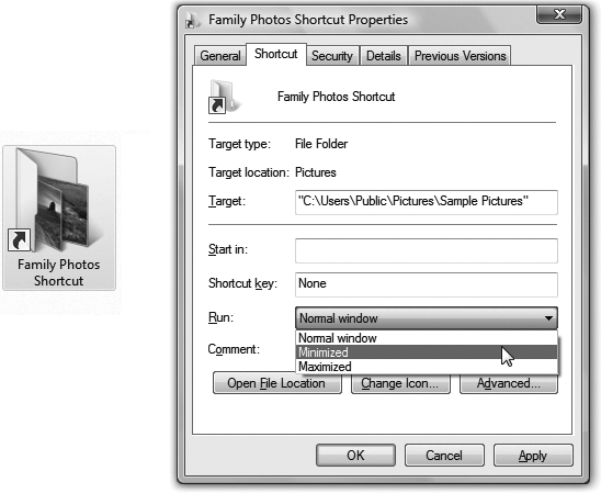 You can distinguish a desktop shortcut (left) from its original in two ways. First, the tiny arrow “badge” identifies it as a shortcut; second, its name contains the word “shortcut.” Right: The Properties dialog box for a shortcut indicates which actual file or folder this one “points” to. The Run drop-down menu (shown open) lets you control how the window opens when you double-click the shortcut icon.