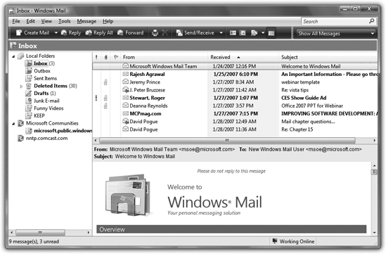 Meet Windows Mail—and the very first message you’ll see here. It’s a canned message from Microsoft containing information about Mail, its features, and how to use it.