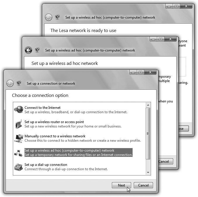 Wizards (interview screens) are everywhere in Windows. On each of the screens, you're supposed to answer a question about your computer or your preferences, and then click a Next button. When you click the Finish button on the final screen, Windows whirls into action, automatically completing the installation or setup.