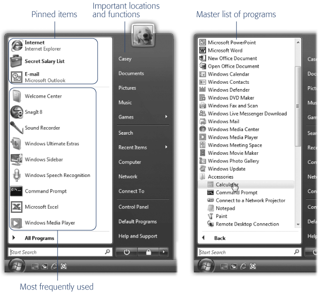 Left: The Start menu's top-left section is yours to play with. You can "pin" whatever programs you want here, in whatever order you like. The lower-left section lists programs you use most often. (You can delete individual items here—see Section 1.21.3—but you can't add things manually or rearrange them.) The right-hand column links to important Windows features and folder locations. Right: The All Programs menu replaces the left column of the Start menu, listing almost every piece of software you've got. You can rearrange, add to, or delete items from this list.