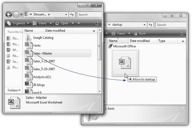 It's easy to add a program or document icon to your Startup folder so that it launches automatically every time you turn on the computer. Here, a document from the Documents folder is being added. You may also want to add a shortcut for the Documents folder itself, which ensures that its window will be ready and open each time the computer starts up.