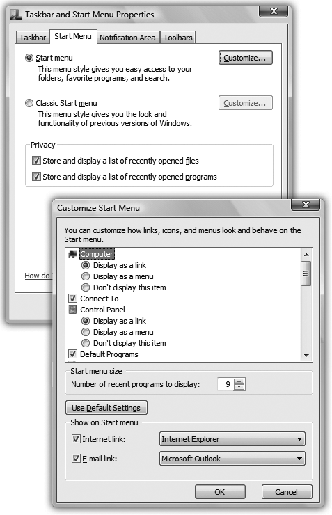 Top: On this first screen, you can turn off the new, improved Vista two-column Start menu design to return to the single-column Classic Start menu design of Windows versions gone by. Click Customize to get to the good stuff. (The Privacy checkboxes refer to the lower-left section of the Start menu, which lists the programs you use most often, and the Recent Items submenu, which lists documents you've had open. Turn these off if you don't want to risk your supervisor coming by while you're up getting coffee, and noticing that your most recently used programs are Tetris Max, Myst IV, Tomb Raider, and Quake.)Bottom: Here's the Customize Start Menu dialog box.