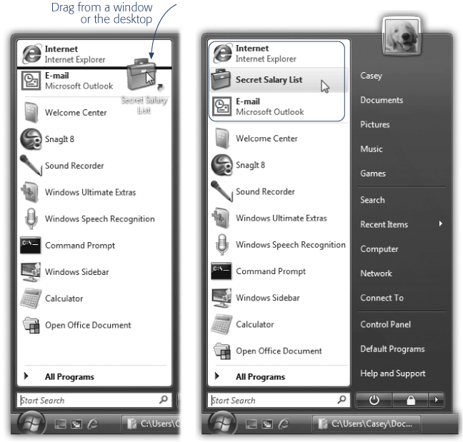 Left: You can add something to the top of your Start menu by dragging it (from whatever folder it's in) onto the Start button to open the Start menu, and then dragging it directly into position. (Once the Start menu is open, you can also drag it onto the All Programs link—and once that menu is open, drag it anywhere in that list.)Right: When you release the mouse, you'll find that the item is happily ensconced where you dropped it. Remember, too, that you're always free to drag anything up or down in the "free" areas of the menu: the circled area shown here, and the All Programs list.
