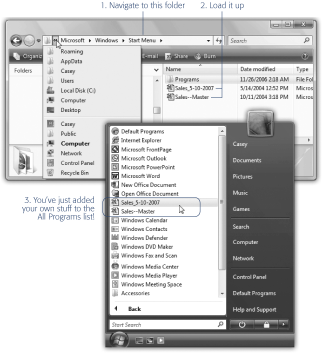 To edit your All Programs menu, you can edit its source folders. To begin, right-click the Start button; from the shortcut menu, choose either Open All Users (to view the list of programs for the masses) or Open (to see the list of your personal programs). Those commands take you directly to the deeply buried Programs folders described above. Open the Programs folder before you. You can add shortcut icons to, remove them from, or rename them in your All Programs menu just by manipulating the shortcuts in this folder.