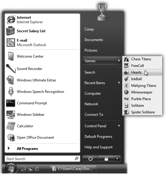 Some Programs-menu items have submenu folders and sub-submenu folders. As you move through the layers, you're performing an action known as "drilling down." You'll see this phrase often in manuals and computer books—for example, "Drill down to the Calculator to crunch a few quick numbers."