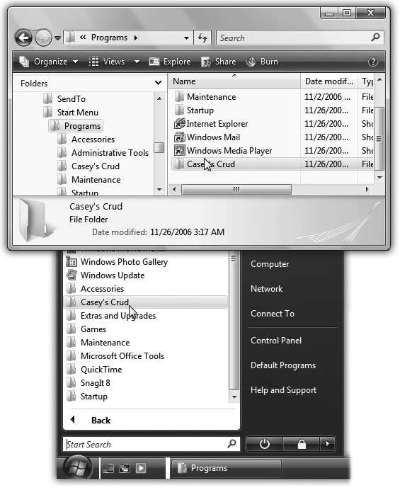 Notice that some of the items in Programs have folder icons; these are the folders that hold submenus. If you click Programs (in the left pane) before creating the new folder, you'll create a folder within the body of the All Programs list. To add a folder whose name will appear above the line in the All Programs menu, click Start Menu (in the left pane) before creating a new folder.