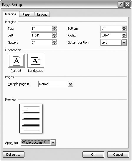 The Margins tab is divided into four groups of controls: Margins, Orientation, Pages, and Preview. Use the text boxes at the top to set your top, bottom, and side margins. Use the gutter settings to specify the part of the page that’s hidden by a binding.
