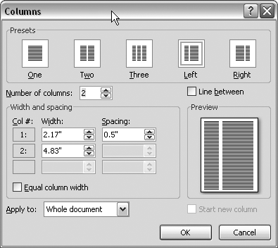At the top of the Columns dialog box, you see the same presets as on the Columns menu. Below them, controls let you create your own multicolumn layouts. The preview icon on the right changes as you adjust the settings.