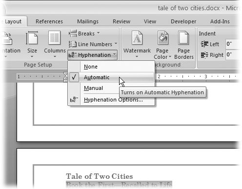 Choose Automatic from the hyphenation menu, and Word takes care of all hyphenation decisions. Word’s hyphenation feature works quite well and usually needs no help from you.