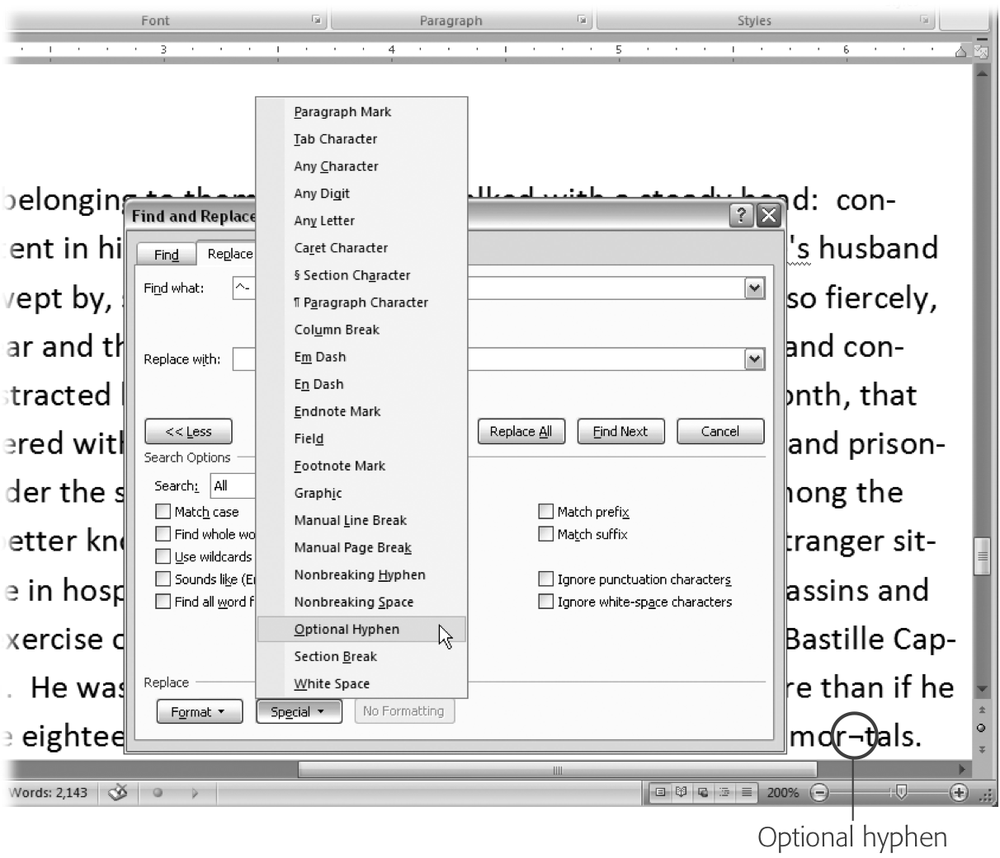 Click the Special button on the Replace tab (Ctrl+H) to enter nonprinting characters like optional hyphens in the “Find what” or “Replace with” field. You can change your display settings to always show optional hyphens. When they aren’t at the end of a line, optional hyphens look like the character between the “r” and “t” in the word “mortals” (circled).