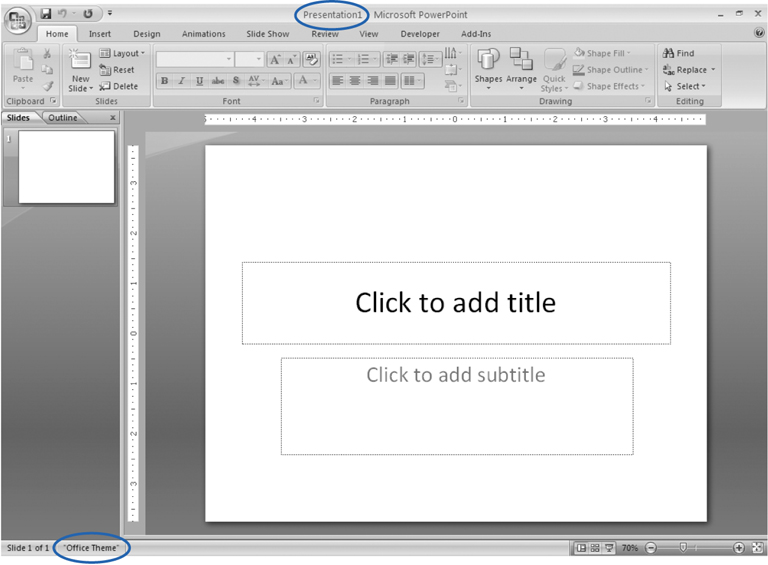 PowerPoint calls this a "blank" presentation even though technically it's not blank at all: It contains placeholders for the first slide's title and subtitle. Section 1.2 shows you how to change the Office theme that PowerPoint hands you to something more colorful and more artfully laid out.