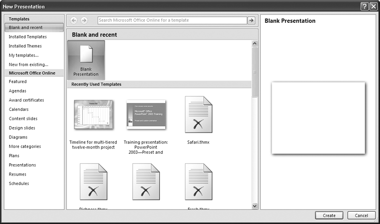 Because folks typically want to create a new presentation either from scratch or based on a favorite (and, therefore, recently used) template, the "Blank and recent" option is automatically selected. But you can choose instead to create a presentation based on an existing presentation, or on a theme or template you've created or downloaded from the Web.