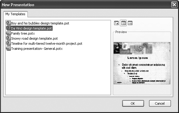 PowerPoint stores the templates you createâor that you download from Microsoft's Office Online Web siteâin a special folder so that you won't confuse them with PowerPoint's built-in templates. To change how the template icons appear, choose from Large Icons (which makes the template names easier to read), List (shown here), and Details (which displays the date the template was created).