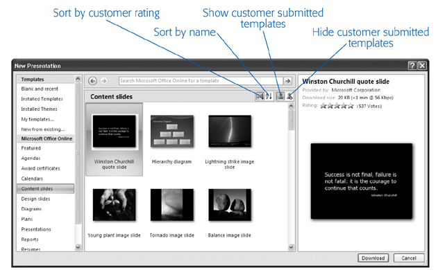 For finer control over the templates you see, select Rating Sort (which displays the most popular templates first, as determined by other PowerPoint fans), Name Sort (which displays named templates in alphabetical order), Show Customer Submitted (which displays all templates, including the ones other PowerPoint folks have uploaded), or Hide Customer Submitted (which shows only those templates created by Microsoft).