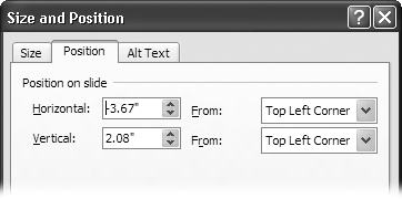 The Position tab of the Size and Position dialog box lets you specify precisely how you want to position your text boxes and other elements, which is especially useful if you're using PowerPoint to create a program interface mock-up. If you like, you can tell PowerPoint to calculate the Horizontal and Vertical amounts you specify based on the center of your slide (instead of the top-left corner).