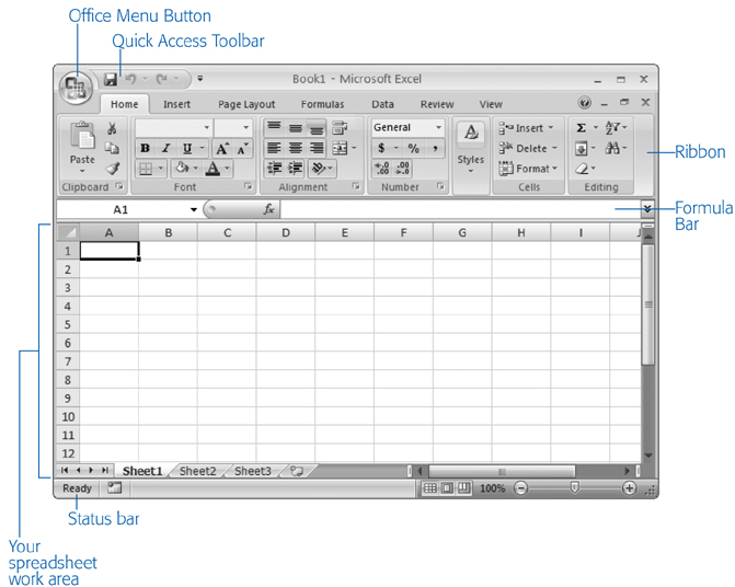 The largest part of the Excel window is the worksheet grid where you type in your information.